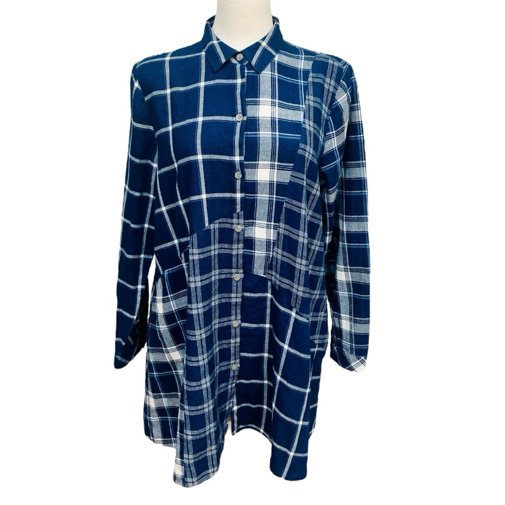 J. Jill Blue Multi Plaid Tunic Blouse Button Front Relaxed Fit Women's Medium